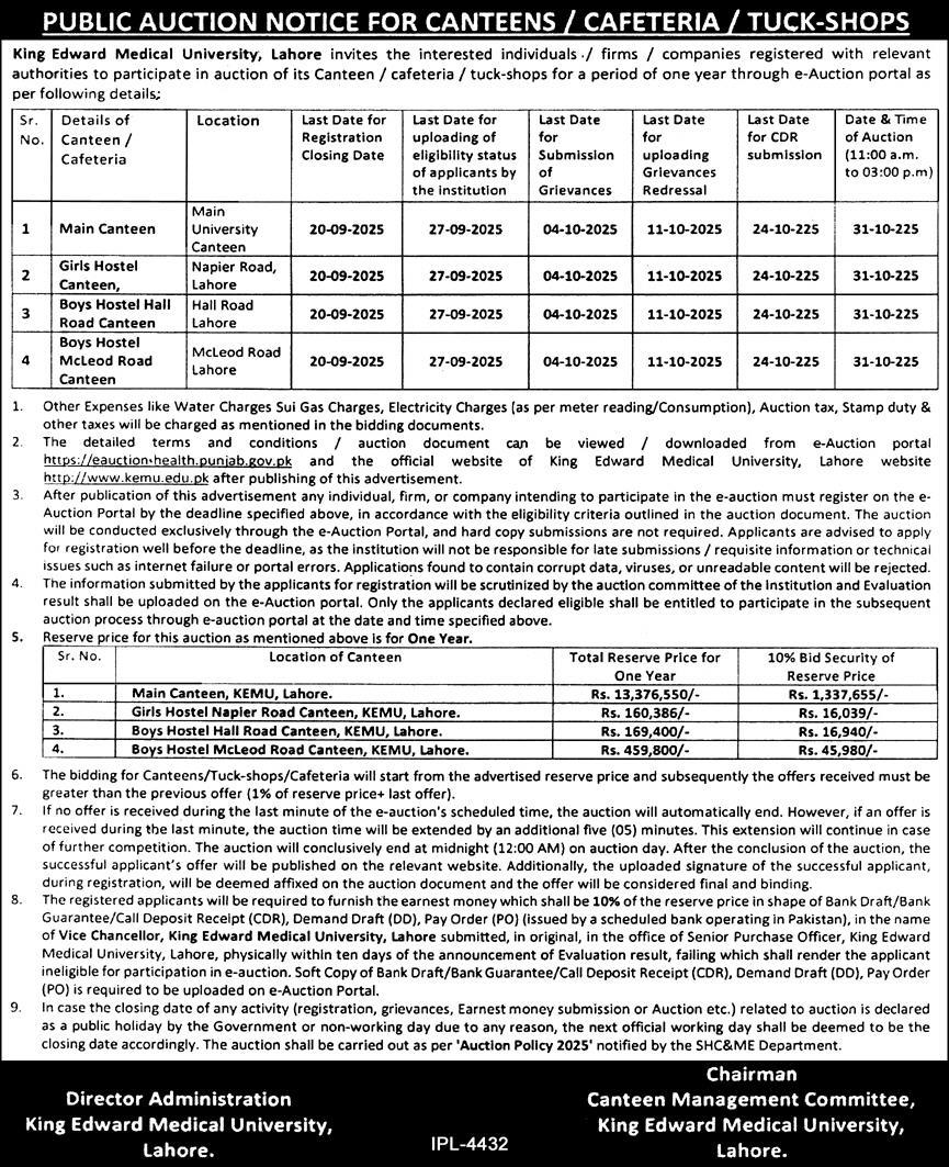 King Edward Medical University Lahore Tender Notice